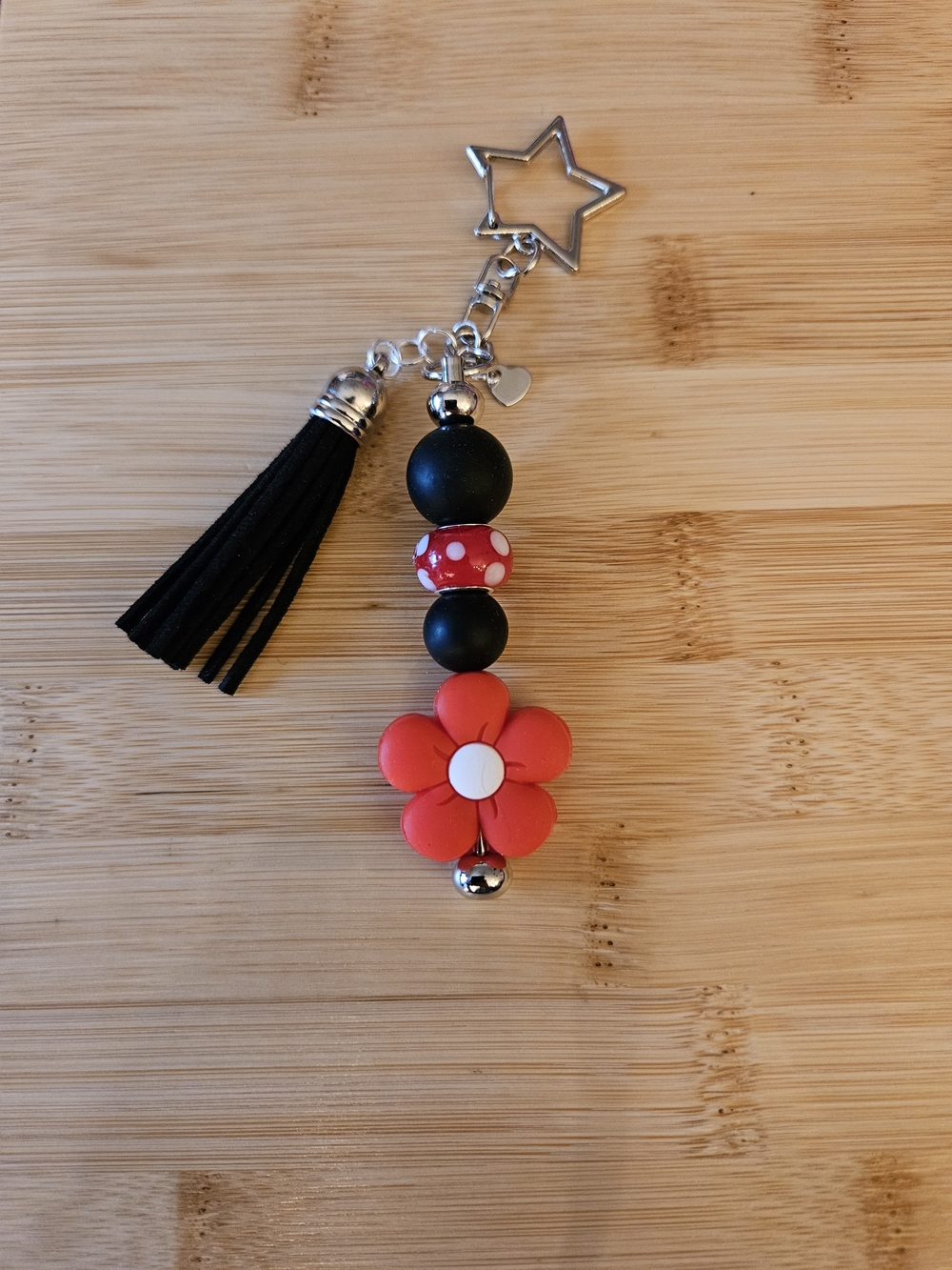 Red Flower☆Bead Keychain Charm with Black Tassel